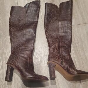 Vince Camuto Dark Brown Croc-Embossed Heeled Boots